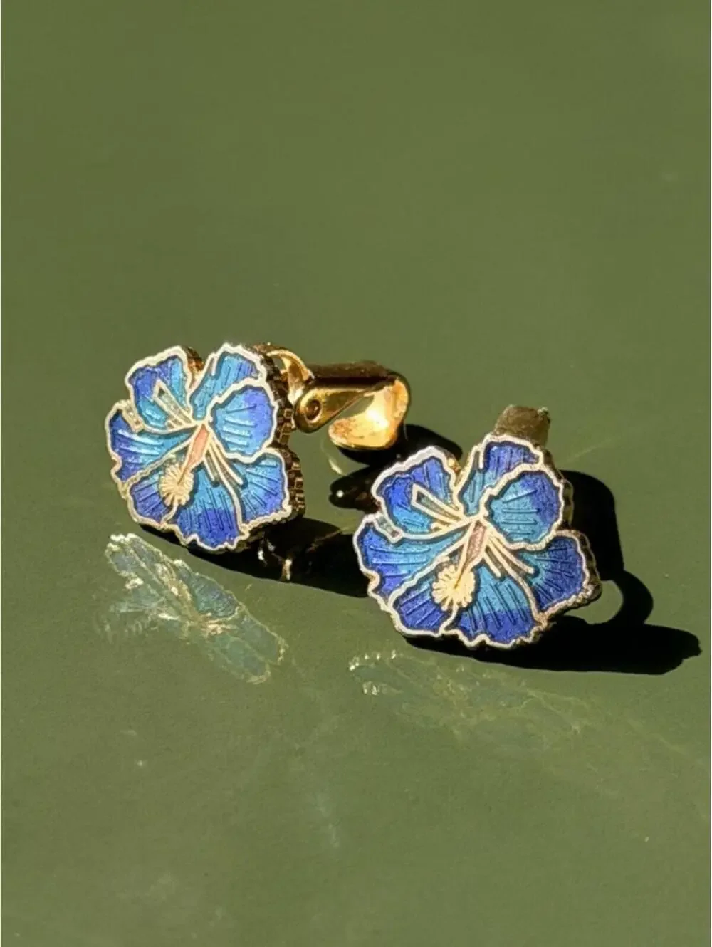 Vintage Blue Cloisonné Flower Clip Earrings